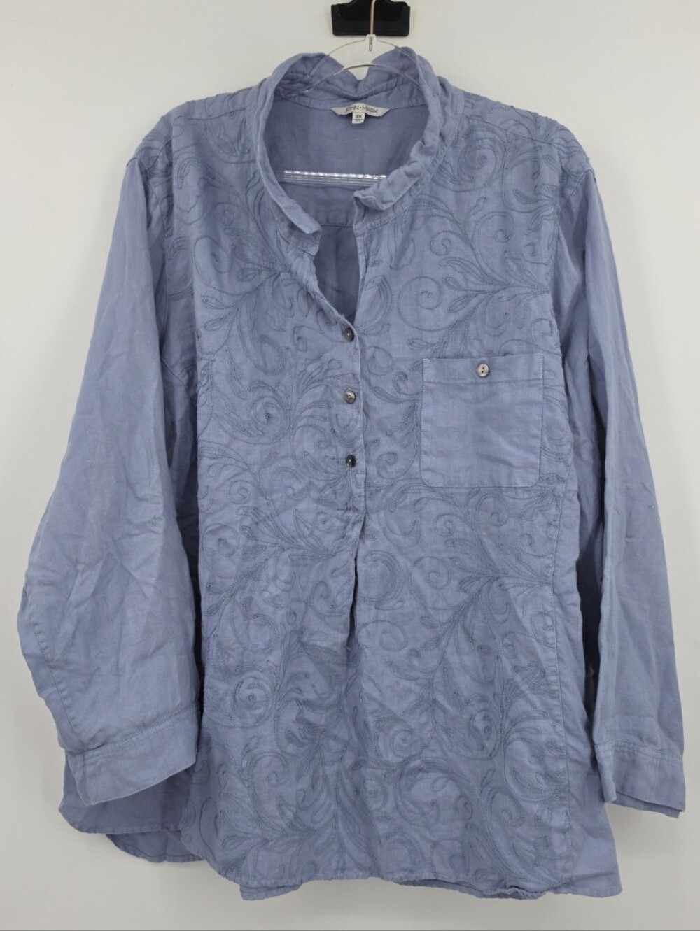 John Mark Long Sleeve Button Front Shirt 3X Chambray Blue Embroidered Floral